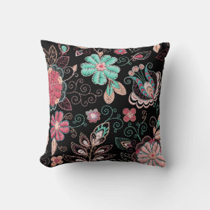 Coussin Broderie florale vintage Motif foncé