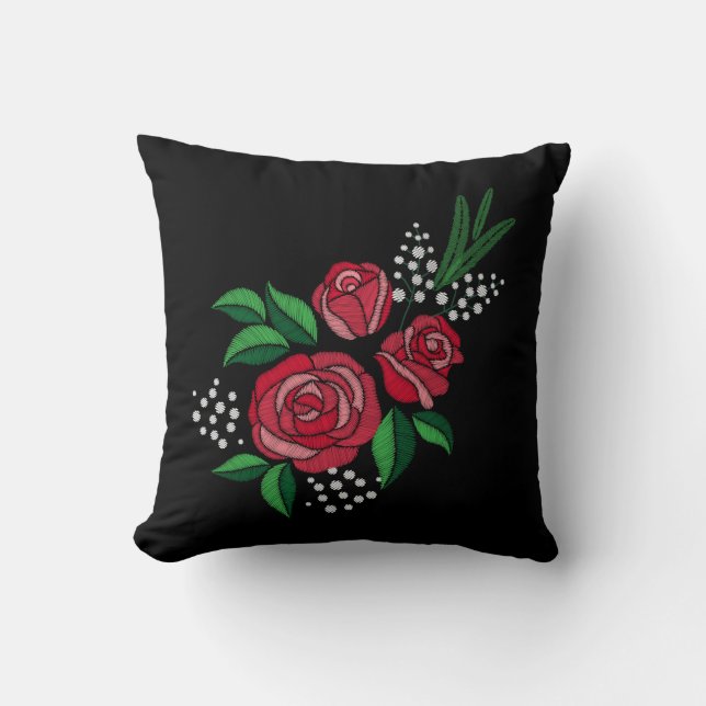 Coussin Broderie Imprimer Rouge Rose Vert Laisser Fleur bl (Recto)