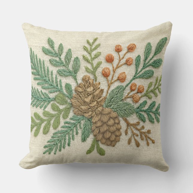 Coussin Broderie Noël Floral Sprig Pinecone (Recto)