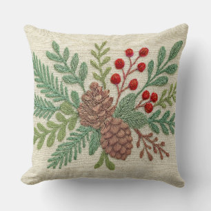 Coussin Broderie Noël Floral Sprig Pinecone Rouge