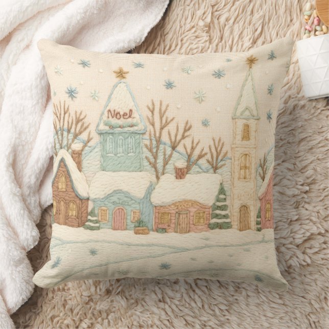 Coussin Broderie Noël Snowy Village scène (Couverture)