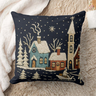 Coussin Broderie Noël Snowy Village Scène Bleu
