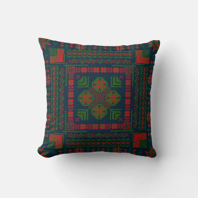 Coussin Broderie palestinienne Tatreez rouge vert 5 Motif (Recto)