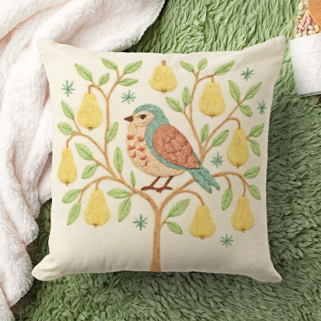 Coussin Broderie Perdrix de Noël dans un arbre à poires (Créateur téléchargé)