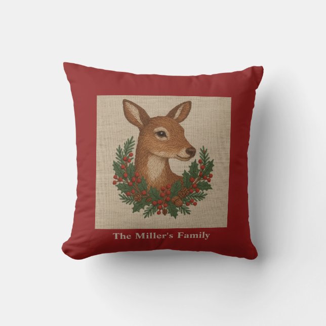 Coussin Broderie rustique Deer & Holiday Greens noël (Recto)