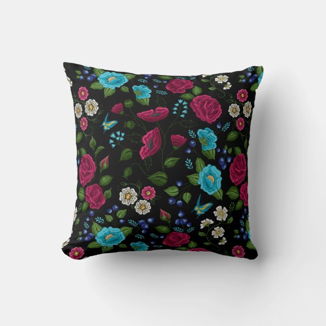 Coussin Broderie Style Populaire Fleurs Roses Bleues sur F (Recto)