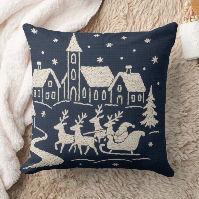 Coussin Broderie Village de neige de Noël Scène Bleu Blanc (Couverture)