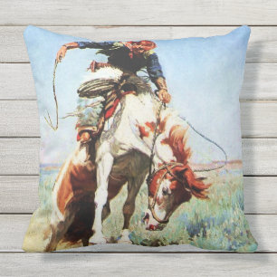Coussin "Bronco Rider" Western Art de W Herbert Dunton