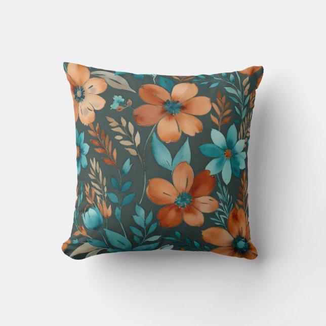 Coussin bronze et fleurs turquoises (Recto)