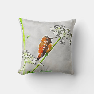 Coussin Bronze, vert or colibri et fleurs blanches gris