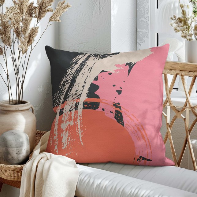 Coussin Brosse moderne - Rose, Pêche & Noir sur Beige (Créateur téléchargé)