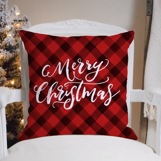 Coussin Brosse rustique Script Joyeux Noël Rouge Plaid (Créateur téléchargé)