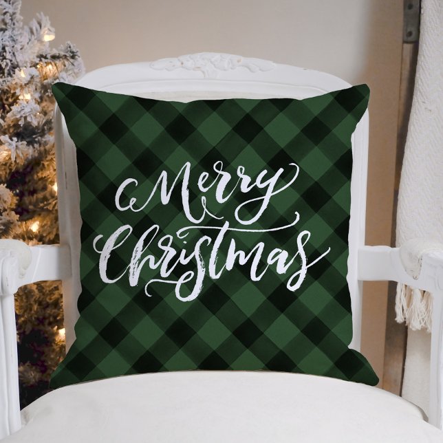 Coussin Brosse rustique Script Joyeux Noël Vert Plaid (Créateur téléchargé)