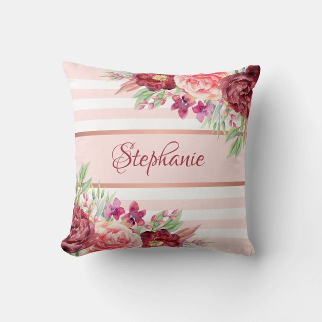 Coussin Brousse Bourgogne Flore Stripes Nom Monogramme (Recto)