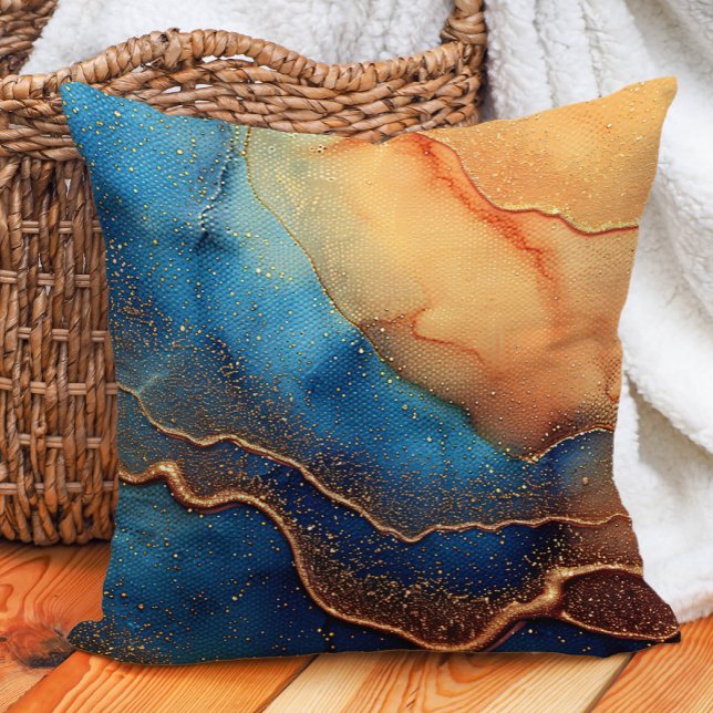 Coussin Brown Bleu Abstrait Encre d'alcool Artistique (Teal/blue and orange marbled abstract decorator pillow)