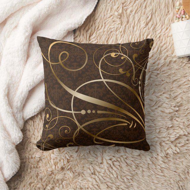 Coussin Brown Damask Gold Swirls Flourds (Couverture)
