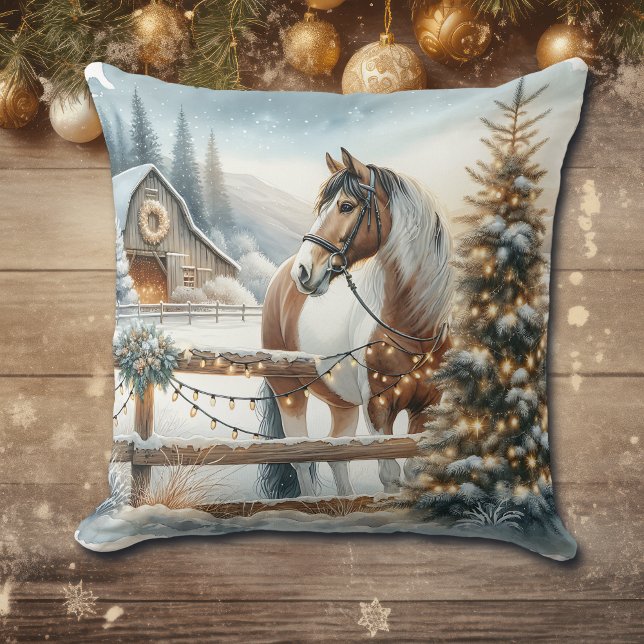 Coussin Brown et Blanc Horse Festive Noël rustique (Créateur téléchargé)