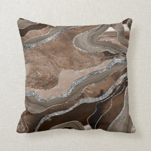 Coussin Brown Marbre Agate Parties scintillant argent Glam