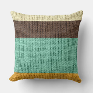Coussin Brown Mint Yellow Stripes Burlap Linen Russe Jute