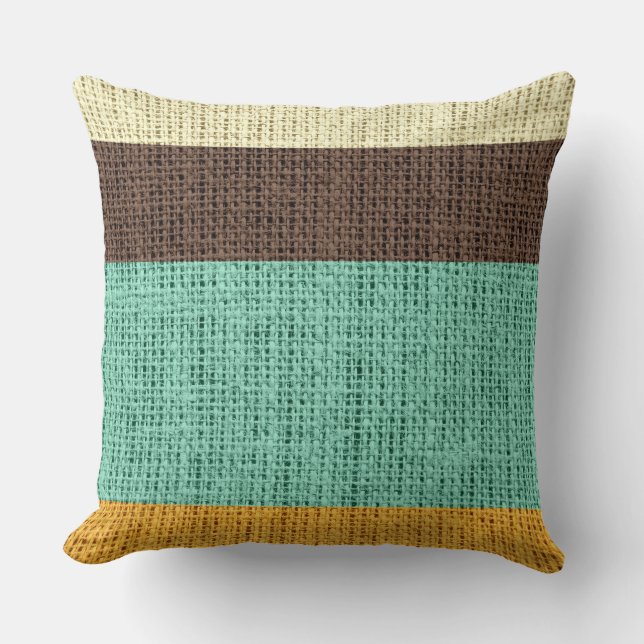 Coussin Brown Mint Yellow Stripes Burlap Linen Russe Jute (Recto)