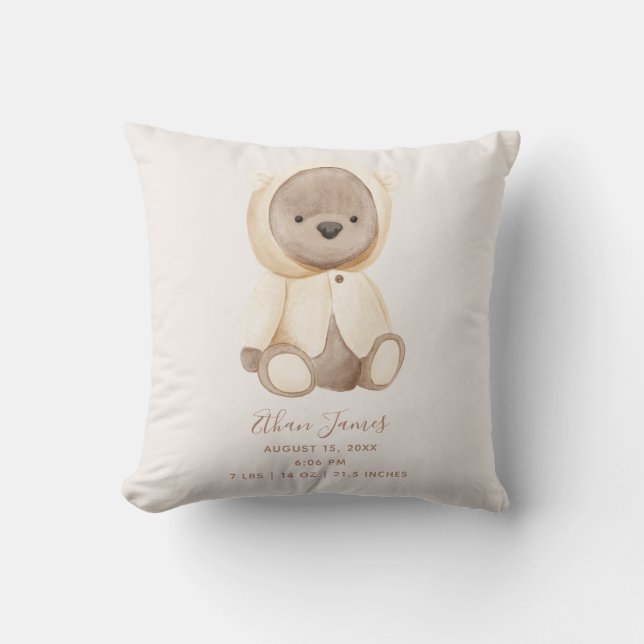 Coussin Brown Teddy Bear Bébé Naissance Statistiques Keeps (Recto)