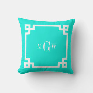 Coussin Brt Aqua Wht Clé Grecque #2 Cadre 3 Initiale Monog