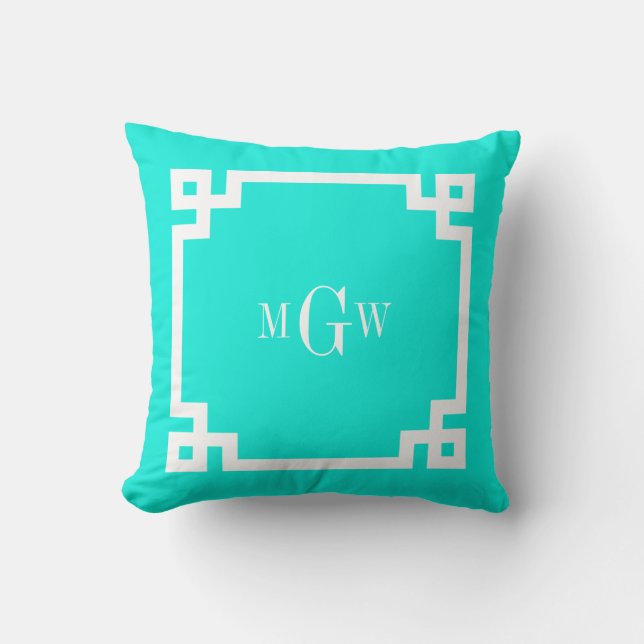 Coussin Brt Aqua Wht Clé Grecque #2 Cadre 3 Initiale Monog (Recto)