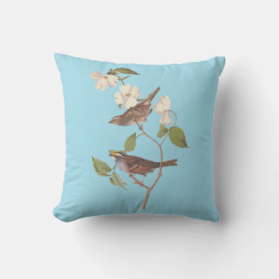 Coussin Bruant blanc à projection d'Audubon sur bleu