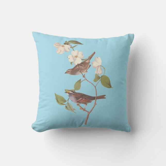 Coussin Bruant blanc à projection d'Audubon sur bleu (Recto)