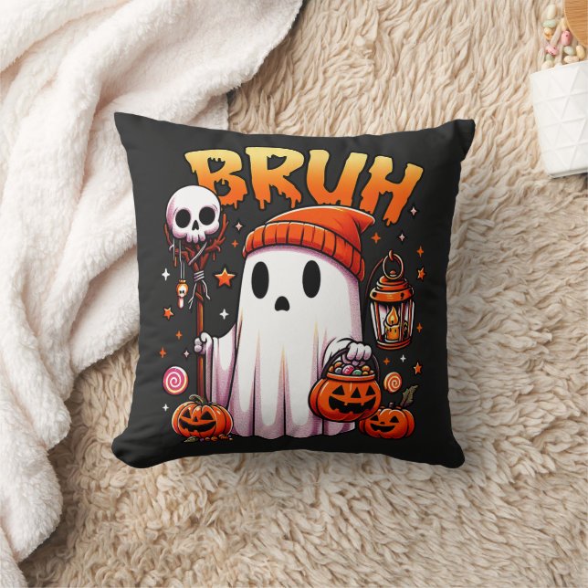 Coussin Bruh Ghost Halloween mignon Ghost Tricot Ou Traite (Couverture)