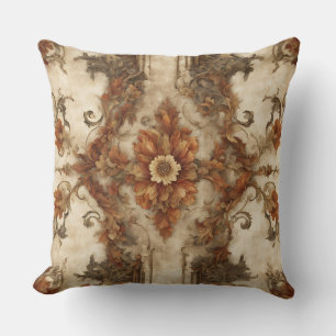 Coussin Brûlé Orange Brown Crème rouille Baroque Floral