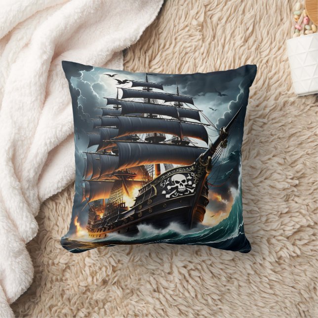Coussin Brûler un navire pirate dans les mers tempétueuses (Couverture)