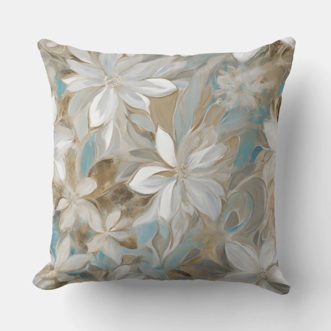 Coussin Brun beige floral bleu sarcelle (Recto)