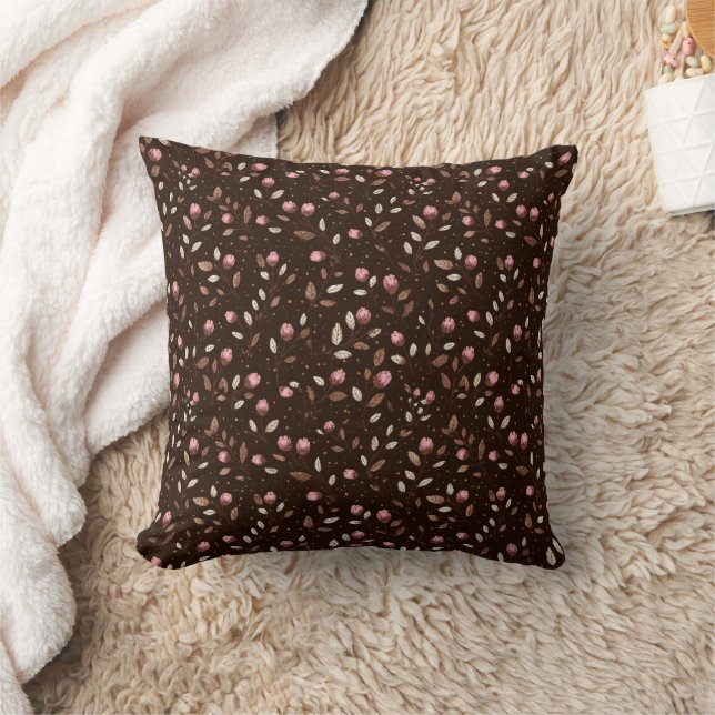 Coussin Brun Bourgogne Rose Blanc Floral Botanique Bohème (Couverture)