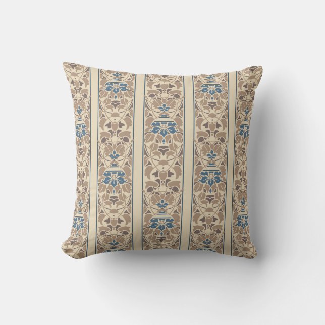 Coussin Brun clair et crème avec la rayure bleue de fleurs (Recto)