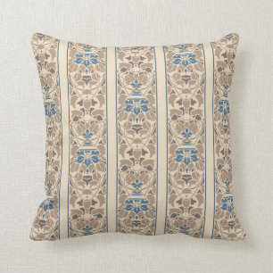 Coussin Brun clair et crème avec la rayure bleue de fleurs