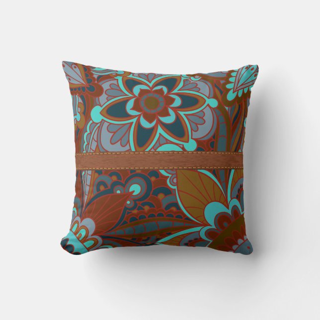 Coussin Brun et turquoise Boho (Recto)