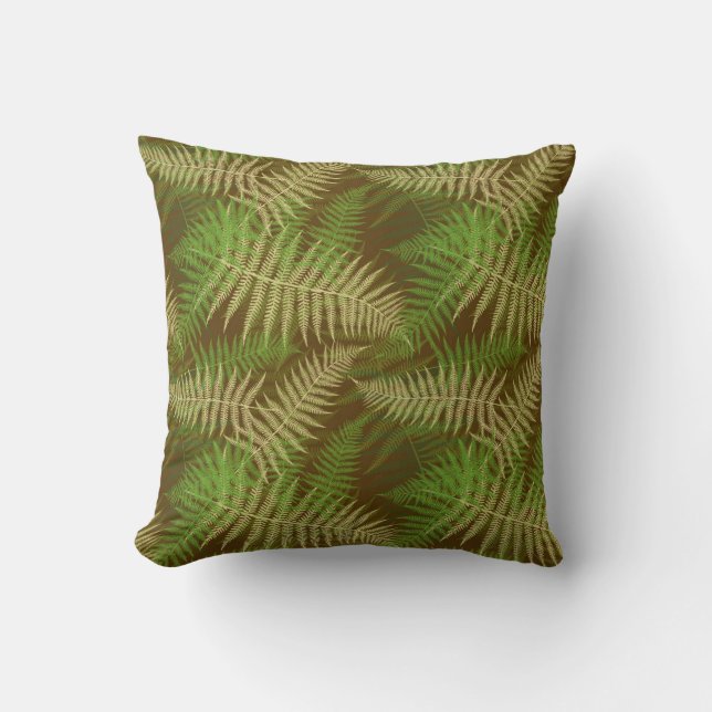 Coussin Brun et vert de motif de fougères de forêt (Recto)