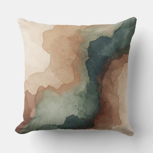 Coussin Brun Sarcelle Bleu Sauge Vert Abstrait Aquarelle (Recto)