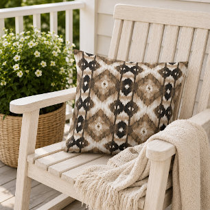 Coussin Brun Taupe Blanc Motif Ikat Art Tribal