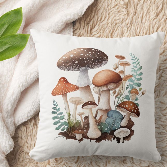Coussin Brun Terreux Vert Forestier Champignon Mignon Rust (Add cottagecore charm to your home with this earthy brown green mushroom group throw pillow.)