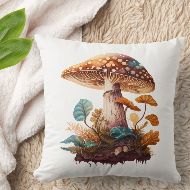 Coussin Brun Vert Neutres Bois Champignon Mignon Rustique (A cute mushroom pillow for your rustic country home or city abode, in tones of gold, brown + blue.)