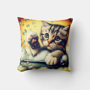 Coussin "Bubble Bath Kitten - Whimsical Bath Time Art"