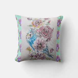 Coussin Budgie Budgerigar Rose Aquarelle florale Cushion