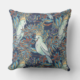 Coussin Budgie Rainforest Flowers Arrière - plan bleu feui