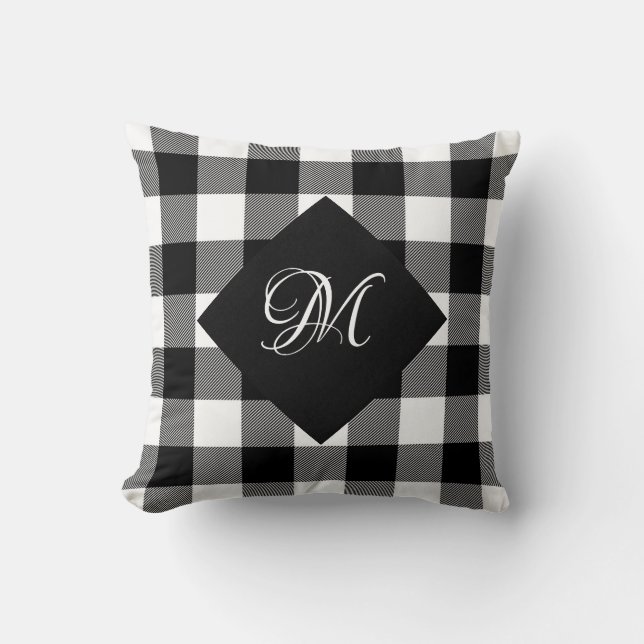 Coussin Buffalo à carreaux blancs et noirs avec monogramme (Recto)