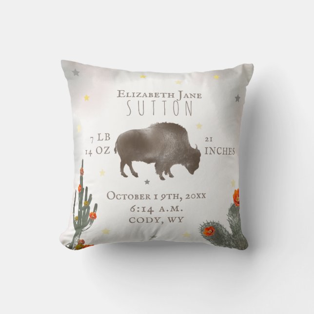 Coussin Buffalo Bison Désert Cactus Baby Birth Stats Flora (Recto)