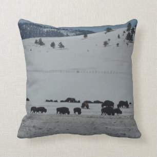 Coussin Buffalo frôlant sur la neige a couvert la montagn