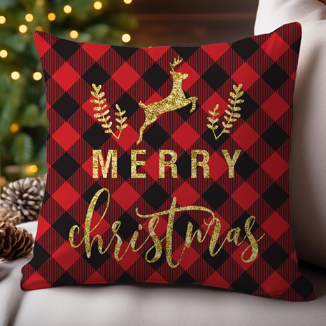 Coussin Buffalo Plaid Joyeux Noël Reindeer Parties scintil (Créateur téléchargé)