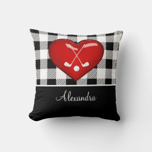 Coussin Buffalo Plaid Noir Blanc clubs de golf coeur rouge